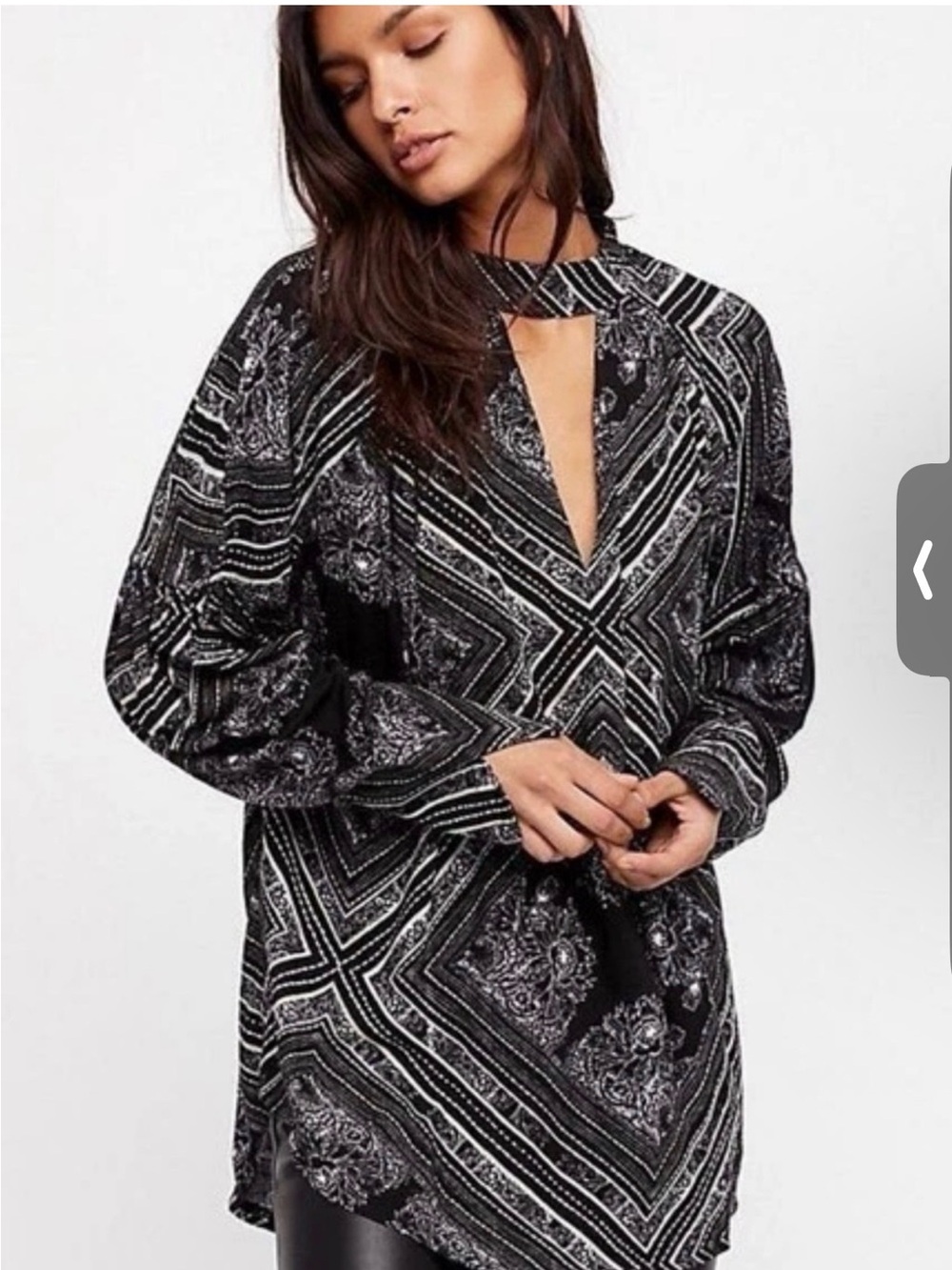 Free People Black Boho Floral Geometric Tunic Blouse Size Medium